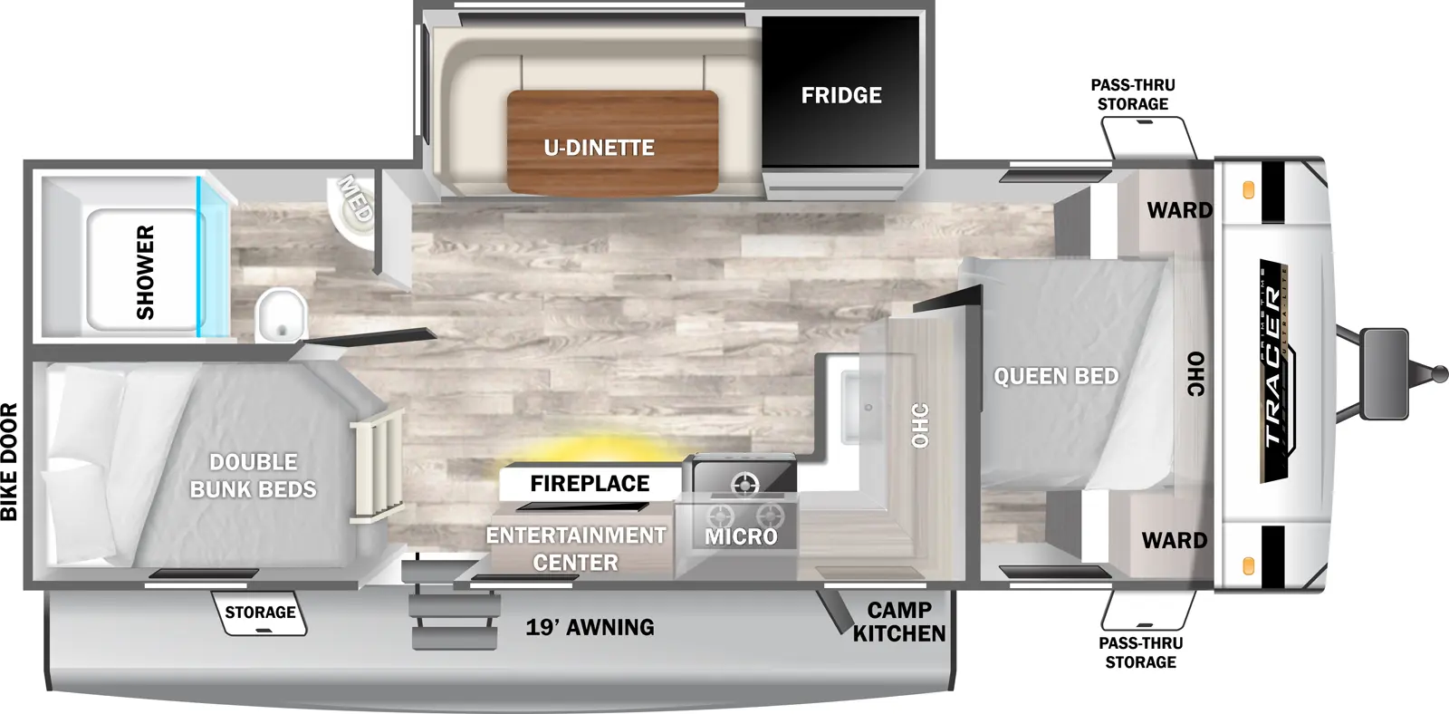 The Tracer 25BHS has one entry and one slide out. Exterior features include: fiberglass exterior, 19' awning and outside kitchen. Interiors features include: bunk beds, u-dinette and front bedroom.